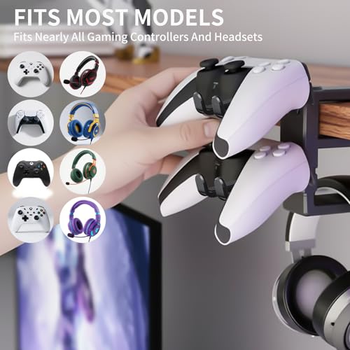 Premium Headset Stand & Gaming Headphone & Controller Holder - 360° Adjustable Under Desk Hook with Cable Management, Black - Perfect Desk & PC Accessories