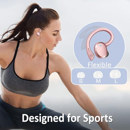 Wireless Earbuds Sport, Bluetooth 5.4 Headphones Bass Hi-Fi Stereo Over Ear Buds, 56Hrs CFZNoise Cancelling Headset with Earhook, IP-X7 Waterproof Earphones Workout Running for Laptop Pad Android iOS - color: Deep Rose Gold