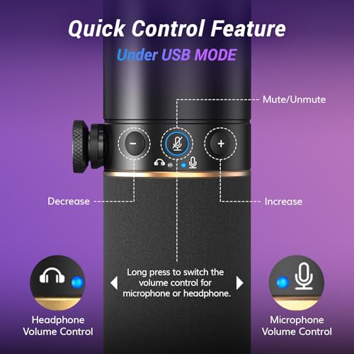 TONOR Dynamic Podcast Microphone, XLR/USB Mic for Recording, Streaming, XLR Cardioid Studio Mic with Quick Mute, Volume Control, 200 cm/78inch Cable, with RGB and Low Profile Boom Arm, Black, TD520S+