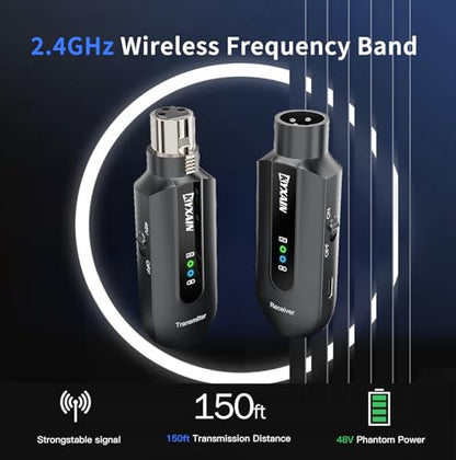 Wireless Microphone Transmitter Receiver 2.4GHz, Wireless Microphone Adapter Rechargeable XLR Transmitter Receiver for Mixer PA Speaker DSLR Camera, 48V Phantom Power for Condenser Mic