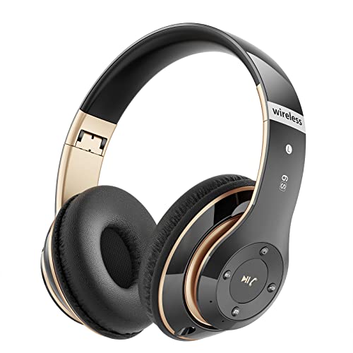 Bluetooth Headphones Over Ear, 6S Wireless Headphones Wired with 6 EQ Modes, 40 Hours Playtime Foldable HiFi Stereo Headset with Microphone, FM/TF for Cellphone/PC/Work (Black & Gold) - color: Black & Gold