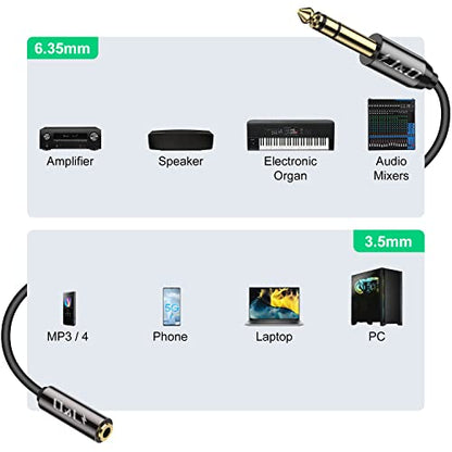 J&D 6.35mm (1/4 inch) to 3.5mm (1/8 inch) Headphone Jack Adapter 3 Feet, Gold Plated 3.5mm Female TRS to 6.35mm Male TRS Stereo Audio Cable for Guitar Amp, Amplifiers, Headphones Extension Cable - size: 3 Feet