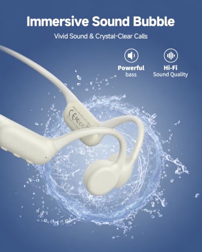 Bone Conduction Headphones, IPX8 Waterproof Swimming Headphones Off-white | Open Ear Headphones with 32GB Memory Switch to MP3 Mode Underwater AI Music Generation, 8H Playtime Bluetooth 6.0 for Running - color: off-whtie