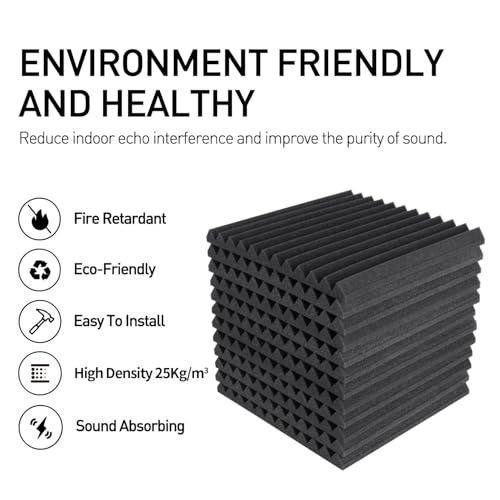 Focusound 80 Pack Acoustic Foam Panels 1" x 12" x 12" Sound Proof Foam Panles Soundproofing Noise Cancelling Wedge Panels for Home Office Recoding Studio with 420PCS Double-Side Adhesive - size: 80 Pack