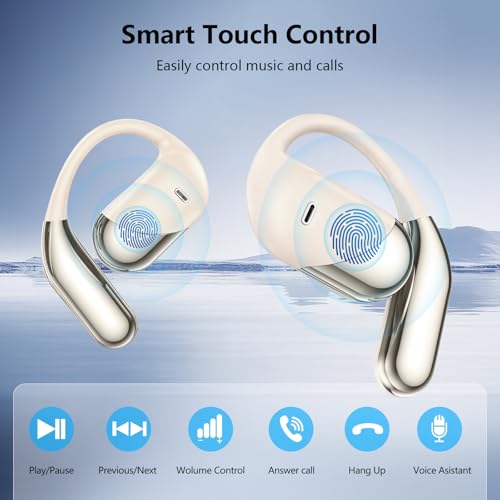 Open Ear Clip Wireless Earbuds Headphones, Bluetooth 5.4, Open Ear Design, Built-in Mic, IPX7 Waterproof, LED Display Charging Case,Ear Hooks Ear Buds Ultra for Fitness/Travel/Gym/Running/workout - color: off-white