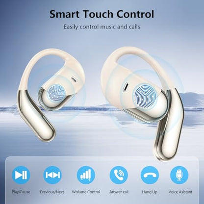 Open Ear Clip Wireless Earbuds Headphones, Bluetooth 5.4, Open Ear Design, Built-in Mic, IPX7 Waterproof, LED Display Charging Case,Ear Hooks Ear Buds Ultra for Fitness/Travel/Gym/Running/workout - color: off-white