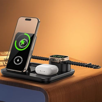 IHAO 3in1 Auto-Rising Wireless Charging Station 15W Fast Charge Ultra-Slim Foldable Design Wireless Charger for Phone Earbud and i-Watch QC3.0 & PD Compatible - color: 3in1 wireless Charger R13 Black