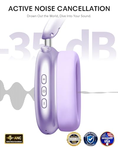 Wentronic Y02 Active Noise Cancelling Wireless Headphones, Purple | Over-Ear, Bluetooth, 60H Playtime,Crystal Clear Calls, Hi-Res Audio, Big Bass, Foldable Lightweight for Travel Home Office - color: Purple
