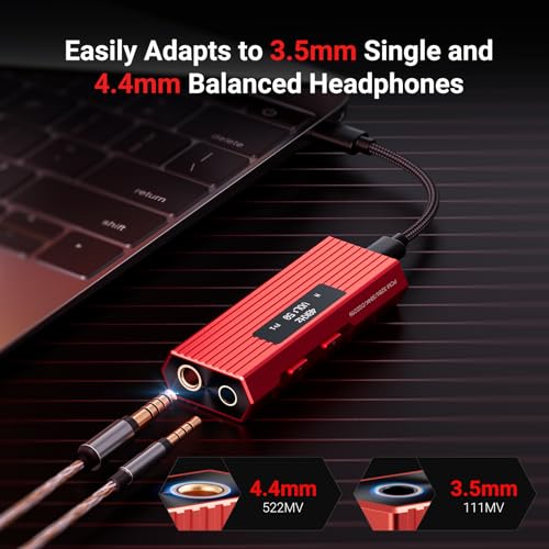 USB C DAC Headphone Amplifier, ES9028Q2M Portable HiFi DAC Amp, DSD256/PCM 384kHz 32Bit, 4.4mm Balanced & 3.5mm Outputs, USB DAC for iPhone 15/16, Android Phone, PC, Mac