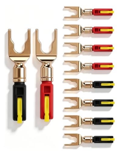 CERRXIAN Speaker Spade Connector, 10A High Push-Button Current Quick Connect 24K Gold-Plated Y Speaker Plug Connectors for HiFi Fork Plug, Amplifier, DIY - 5 Pair / 10 PCS - size: 5 Pair / 10 pcs