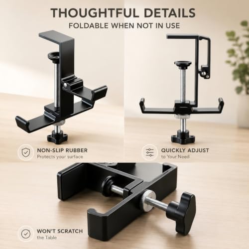 JAKO Headphone Stand for Desk, 3 Hooks Aluminum Alloy Headphone Holder (1 Foldable+2 Fixed) Space Saving Headset Stand Hook, Universal Fit PC Gaming Headsets Holder Desk Clamp for Office/Game Table - color: Black