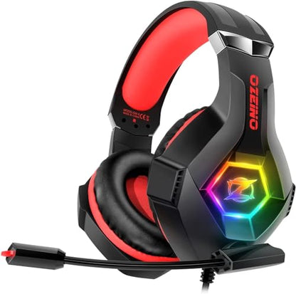 Ozeino Gaming Headset for PC, Ps4, Ps5, Xbox Headset with 7.1 Surround Sound, Gaming Headphones with Noise Cancelling Mic RGB Light Over Ear Headphones for Xbox Series X/S, Switch -Red - color: Red