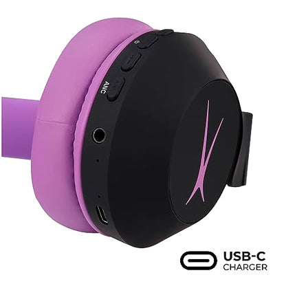 Altec Lansing Kid Safe Noise Cancelling Wireless Headphones 15H Battery, 85dB Volume Limit, Foldable Design Powerful Sound, Active Noise Cancellation Perfect for Kids Ages 7+ - color: Blackout Purple