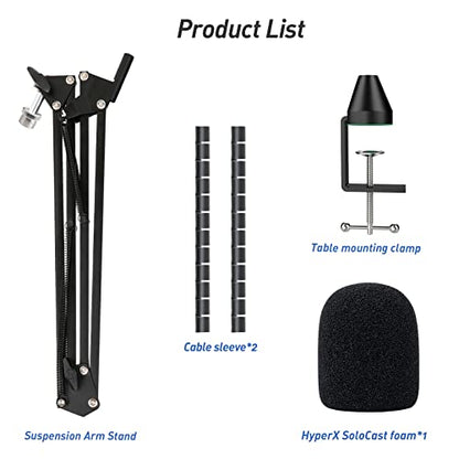 SoloCast Boom Arm, Microphone Stand for HyperX SoloCast 2 with Mic Cover | Mic arm Upgrade C Desk Clamp, 2 Cable Ties, Foam Mic Cover