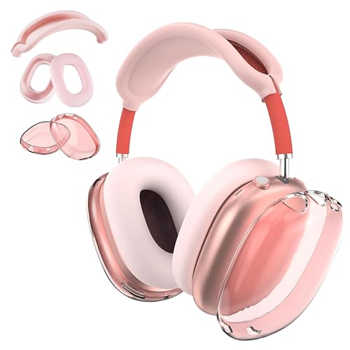 Aiivioll 3 in 1 Silicone Case Cover for AirPods Max Headphones, Clear Soft TPU Ear Cups Cover/Ear Pad Case Cover/Headband Cover for AirPods Max (2024/2020), Ear Cushions Cover for AirPods Max(Pink) - color: Pink