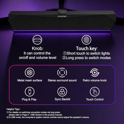 Computer Speakers for Desktop,USB Single-Cable, Computer Soundbar for PC | Compatible with Laptops | Towers | Devices |Stereo Sound and RGB Light, Plug-n-Play, Black Matte Finish, Mechanical Knobs