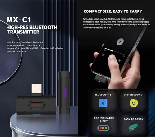 KGUSS xDuoo MX-C1 Hi-Res Bluetooth 5.4 Transmitter USB-C - Support SBC/aptX/aptX HD/aptX Adaptive/LE-AUDIO/LC3/aptx Lite, Low Latency Bluetooth Adapter for PC/Phone/Tablets/PS5/Switch