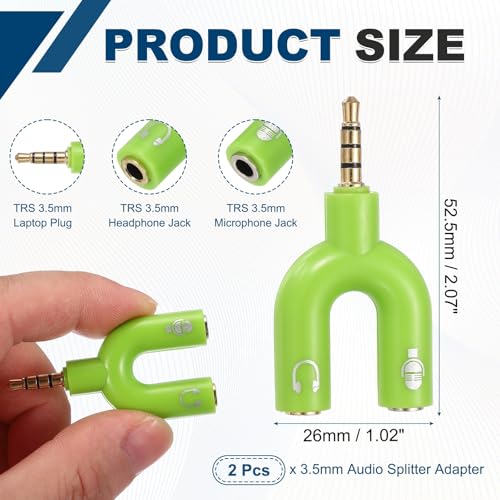 MECCANIXITY 2Pcs Headset Mic Splitter Adapter, 3.5mm Male to Dual Female Y Splitter Microphone and Audio Jack Adapter for PC Laptop Smartphone, Green - color: Green