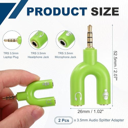 MECCANIXITY 2Pcs Headset Mic Splitter Adapter, 3.5mm Male to Dual Female Y Splitter Microphone and Audio Jack Adapter for PC Laptop Smartphone, Green - color: Green