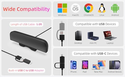 데스크탑 PC용 컴퓨터 스피커, 모니터 스피커, USB 플러그인, 유선, 노트북용 외장 스피커, PC용 소형 컴퓨터 사운드바, 큰 사운드, 딥 베이스, USB-C 어댑터, 모니터에 쉽게 클램프 - size: 8 Inch