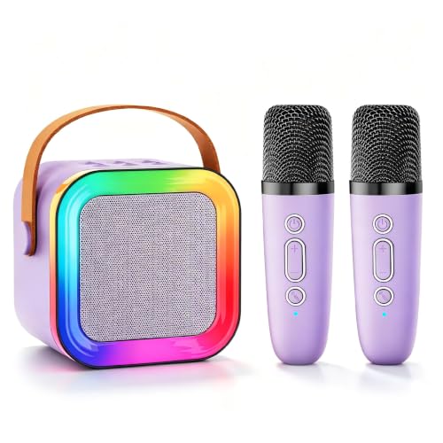 Mini Kids Karaoke Machine Toy Ages 3-12, 2 Wireless Mics Bluetooth Speaker | LED Party Lights, Voice Changer, Duets, BT 5.3, Rechargeable Portable, Christmas Birthday Gifts for Toddler Boys & Girls - color: Purple - 2 Mics