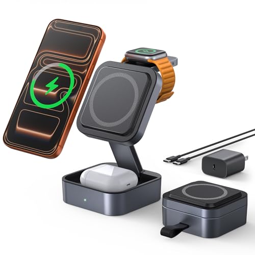 3 in 1 Wireless Charging Station for Apple Multiple Device, MagSafe Charger | Foldable Travel Compact, Charger Stand with 20W PD Adapter for iPhone 17/16/15/14/13, Apple Watch, AirPods Pro/4 - Space Grey