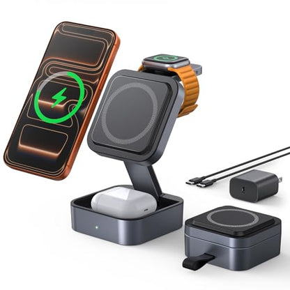 3 in 1 Wireless Charging Station for Apple Multiple Device, MagSafe Charger | Foldable Travel Compact, Charger Stand with 20W PD Adapter for iPhone 17/16/15/14/13, Apple Watch, AirPods Pro/4 - Space Grey