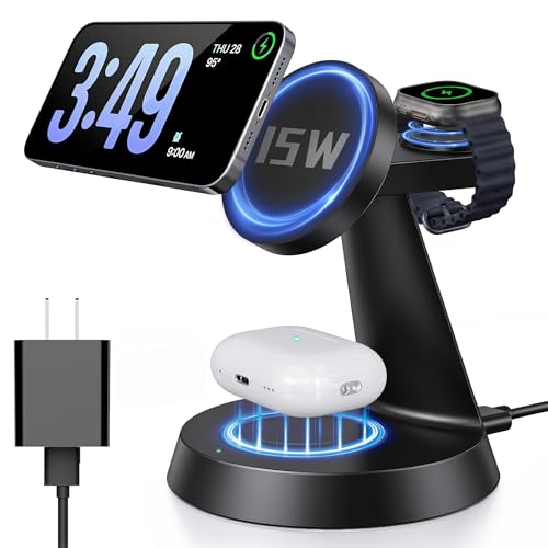 iPhone Charging Station 3 in 1 Wireless Charger for Apple Devices, 15W MagSafe Stand Compatible with iPhone 17 16 15 14 13 12 Pro Max Plus, Charging Dock for AirPods 4 3 2 & iWatch Series (Black) - color: Black