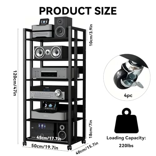 6-Tier AV Media Stand with Wheels, Audio Rack Cabinet | Heavy Duty Adjustable Metal Stereo Cabinet,Home Theater Component Cabinet for Record Player, DVD Player, Streaming Devices