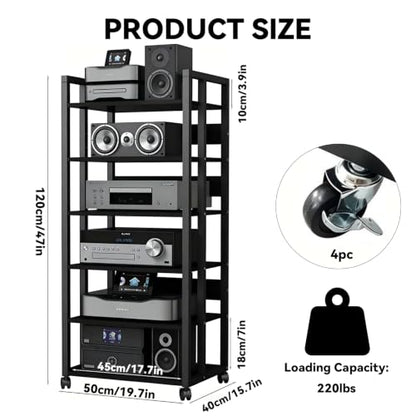 6-Tier AV Media Stand with Wheels, Audio Rack Cabinet | Heavy Duty Adjustable Metal Stereo Cabinet,Home Theater Component Cabinet for Record Player, DVD Player, Streaming Devices