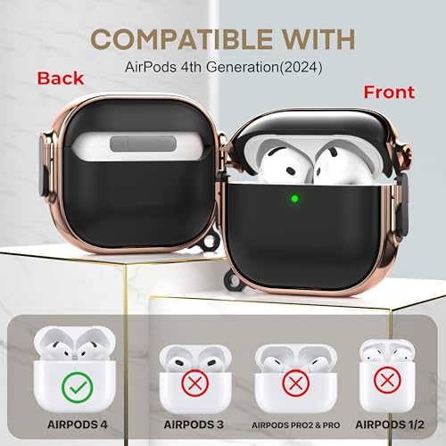 for AirPods 4 Case with Safety Lock, Magsafe Compatible, Black/Rose Gold | Double Secure Lock,Drop Protection,Two-Piece Design,with Gold Keychain, Anti Lost, Dustproof, Cute AirPod 4 Case - color: Black + Rose Gold, size: AirPods 4 Case