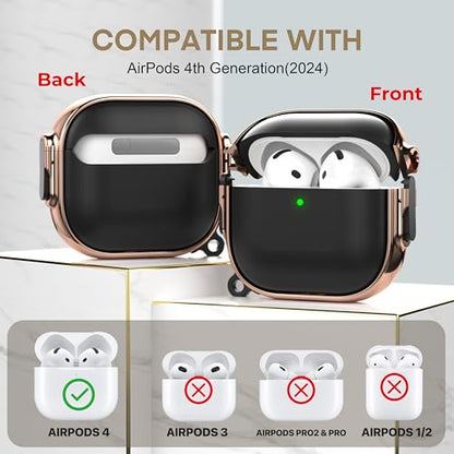 for AirPods 4 Case with Safety Lock, Magsafe Compatible, Black/Rose Gold | Double Secure Lock,Drop Protection,Two-Piece Design,with Gold Keychain, Anti Lost, Dustproof, Cute AirPod 4 Case - color: Black + Rose Gold, size: AirPods 4 Case