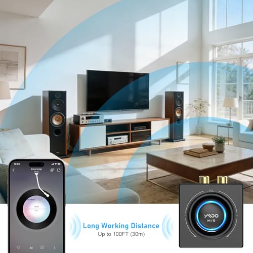 YMOO B06T3 Bluetooth 5.3 Receiver, 100ft RCA Bluetooth Audio Adapter for 3.5mm Jack AUX HiFi Home Stereo/Speaker from Smartphone/Tablet/Laptop, Dual Link for Two Speakers, SBC AAC Audio