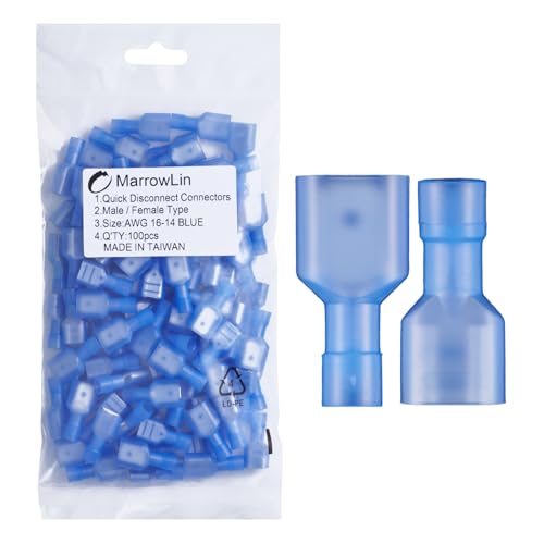 100 Pcs Nylon Spade Wire Connectors, Blue 16-14 AWG, Male/Female - size: 16-14 AWG