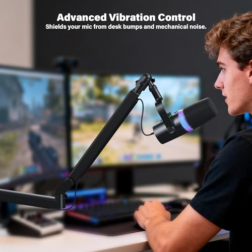 Low Profile Mic Arm, Cable Management Microphone Boom Arm, Full Aluminum Adjustable Mic Stand with Desk Clamp, 360°Rotatable Heavy Duty Microphone Stand for Streaming, Podcasting, Recording