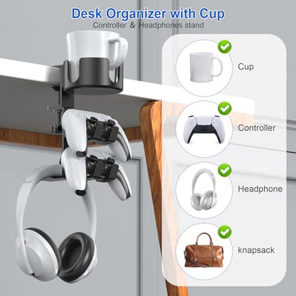 Desk Controller Headphones Holder for Xbox/PS4/PS5, 3-in-1 Desk Cup Holder with 360° Rotating Adjustable Headset Hanger Controller Stand Clamp On Desk Organizer Gaming Accessories for Desk