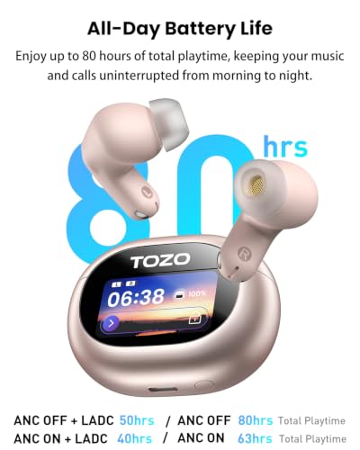 TOZO NC20 Pro Active Noise Cancelling Wireless Earbuds, Smart LCD Screen | LDAC Hi-Res Audio, Stereo Bass, 6 Mics AI Call Ear Buds, 80H Playtime, IPX8 Waterproof, 32 EQ via App, Wireless Charging - color: Titanium Pink