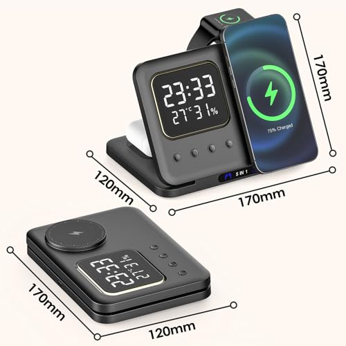 IHAO 5in1 Multi Functional Wireless Charger with Digital Clock 15W Fast Charge Night Light Temperature Display MagSafe Compliant for iPhone iWatch and Qi Headphone-DH13 White - color: 5IN1 MagSafe Compliant DH13 White