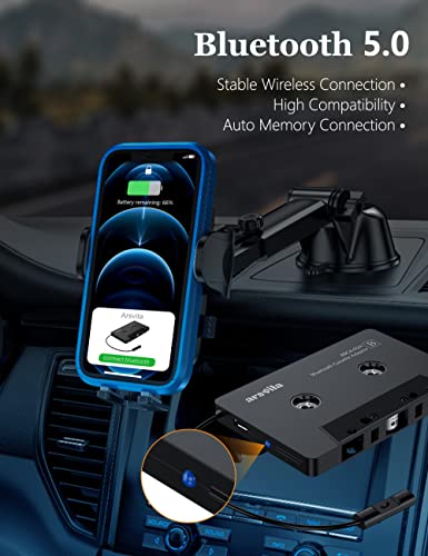 arsvita Bluetooth 5.0 Cassette to Aux Adapter for Car, Charcoal Black | Tape Audio Adapter with Hands-Free Call