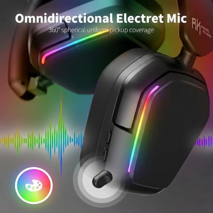RK ROYAL KLUDGE HG101 Wireless Gaming Headset, 7.1 Surround Sound, Stereo Wired Headphones with Retractable Mic, Bluetooth 5.3, RGB, Memory Foam Ear Pads, Works with PC, PS4, PS5, Switch, Black - color: Black