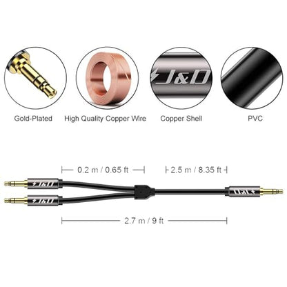 J&D Airplane Airline Flight Cable for Headphones, 3.5mm 1/8 inch TRS Male to Dual 3.5mm 1/8 inch TS Male Gold Plated Copper Shell Heavy Duty, 9 Feet - size: 9 Feet