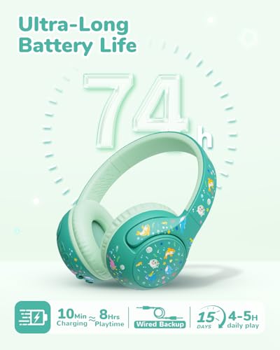 iClever BTH27 Toddler Headphones for 2+ Year Old Baby Kids Travel Study | SafeSound Tech3.0, 74H Playtime, Bluetooth 5.4, BPA Free, Aux, Soft Baby Headphones, Easy Operation, Adjustable, Green - color: Green