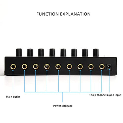Estink Mini Headphone Amplifier, Portable Clear Sound Metal Stereo Audio Amplifier 8 Headphone Output and 1 Input Channels for Studio and Stage, 100 to 240V(US Plug)