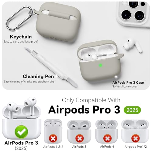 for AirPods Pro 3 Case 2025,Come with Cleaner Kit,Khaki | Silicone Protective Cover for Airpod Pro 3rd Generation Case with Keychain,for Women Men,One-Piece Design,Shockproof - color: D-Khaki