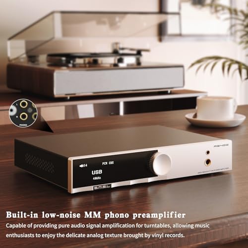 SMSL AS400 Power Amplifier DAC Headphone Amp 2.1 Channel 165W x2 MA5332MS MM Phono Amp CS43131 MQA CD DAC 6.35mm/4.4mm 768K/32Bit XMOS XU316 USB/Bluetooth 5.1/Coax/Opt/RCA/Phono/Input (Silver)