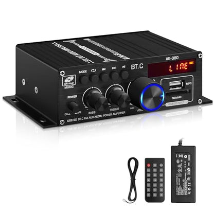 AK-380 USB SD BT.C FM AUX Audio Power Amplifier 2.0 CH 40W+40W HiFi AMP | Stereo AMP Bluetooth 5.0 Speaker Amp Receiver with 12V 5A Power Supply,FM Antenna for Car Home Bar Party - color: AK-380(2.0CH 40W+40W RMS)