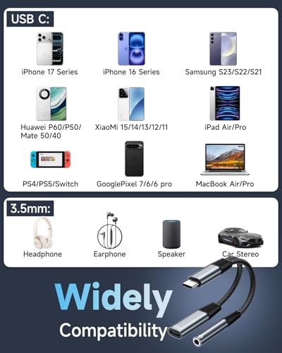 2 in 1 USB C to 3.5mm Jack and Charger Adapter, USB C Headphone Adapter | Type C to Aux to USBC Splitter with 60W PD Fast Charging for Samsung S26 S25,iPhone 17 16 15 Pro Max Plus,iPad, Pixel,Huawei