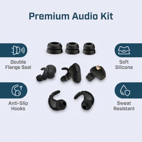 Double Flange Ear Tips & Anti-Slip Ear Hooks, Universal Replacement Kit | 6 Pairs L/M/S Silicone Earbuds Tips + 2 Pairs Sports Ear Hooks for In-Ear Headphones, Noise Isolating, Secure Fit, Black