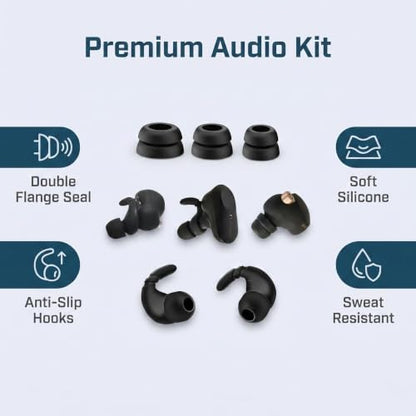 Double Flange Ear Tips & Anti-Slip Ear Hooks, Universal Replacement Kit | 6 Pairs L/M/S Silicone Earbuds Tips + 2 Pairs Sports Ear Hooks for In-Ear Headphones, Noise Isolating, Secure Fit, Black