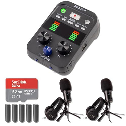 Zoom PodTrak P2 Two-Host Podcast Bundle with 2X Zoom Zum-2 USB Supercardioid Condenser Mics, ZHP-2 Headphones, and TPS-4 Tripods — Dual-Mic Recorder for Two-Host Podcasting, Interviews, Co-Hosting